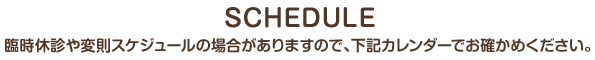 診療予約について 臨時休診や変則スケジュールのときがあります。下記カレンダーでお確かめください。診察や検査に時間がかかり、お待たせすることもあります。ご理解のほど、お願いいたします。